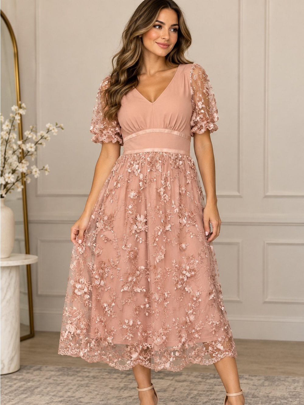 JJs House 🔥 Dusty Rose Floral Embroidered Midi Dress